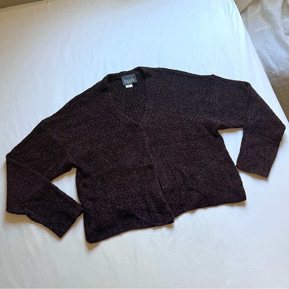 EILEEN FISHER dark plum purple chenille knit lagenlook boxy one button cardigan